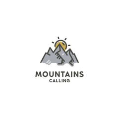 Mountains are calling flat concept. Cute line art style. Adventure line art logo template. Mountain expedition logotype. Retro Color Palette. Stock illustration isolated on white background