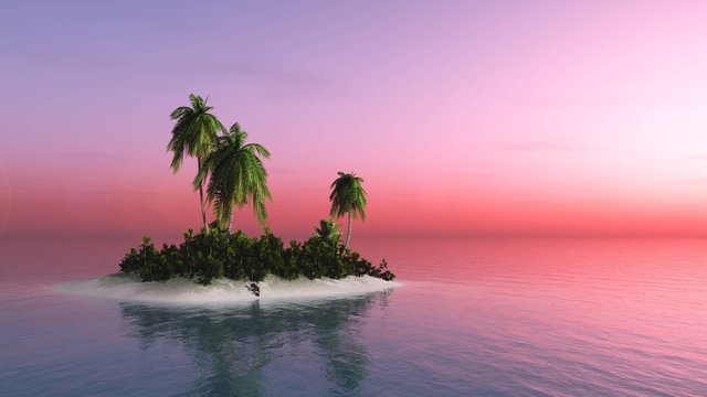 tropical island at sunset, palm trees under the sun,
3D rendering
