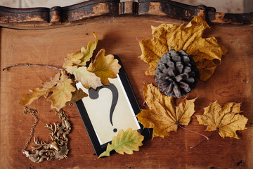 autumn leaves and a question mark symbol on a wooden background