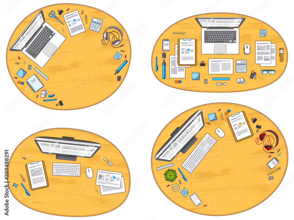 Fototapete Work desks workspaces top view with PC or laptops and a lot of different stationery objects and analytics documents on tables, look above. All elements are easy to use separately. Vector set.