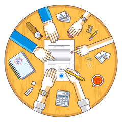 Bank customer write a sign on financial form of money credit with employees helps him and explains the terms of loan or Businessman signs contract paper, top view of desk with people hands. Vector.
