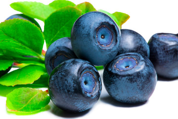 Blueberries with leaves isolated on white background