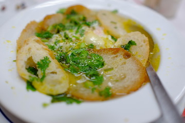 Acorda soup in a restaurant, Lisbon, Portugal 