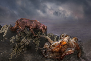 an octopus is eating a dog.manipulation photo of dog and otupus in the sea, fantasy emotion.