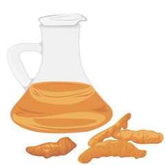 Turmeric essential oil and turmeric roots vector illustration