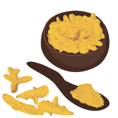 Turmeric roots and powder in a bowl on a white background