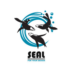 emblem of sea seal silhouette with water splash
