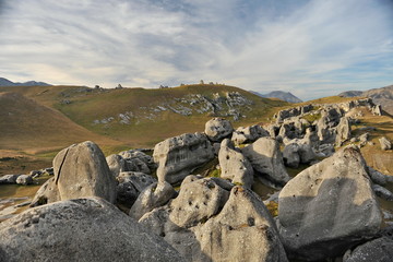 New Zealand. Huge basalt rocks on the South Island