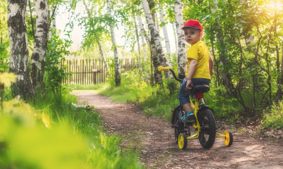Little baby is learning to ride a bicycle in the forest.