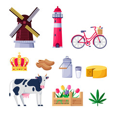 Travel to Holland vector icons and design elements. Netherlands national symbols and landmarks.
