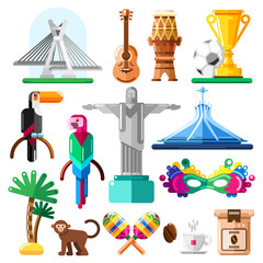 Travel to Brazil vector icons and design elements. Brazilian national symbols and landmarks flat illustration