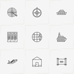 Location line icon set with compass, target and ship