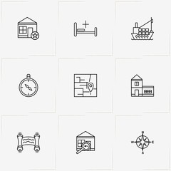 Location line icon set with ship, map location  and scroll