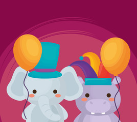 Carnival circus design with cute elephant and hipoppotamus with balloons over purple background, colorful design. vector illustration