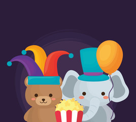Carnival circus design with cute elephant and bear with pop corn over purple background, colorful design. vector illustration