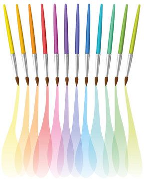 Rainbow colored paint brushes painting rainbow colored watercolor strokes. Isolated vector illustration on white background.