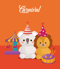 Carnival circus design with cute koala and lion with related icons over orange background, colorful design. vector illustration