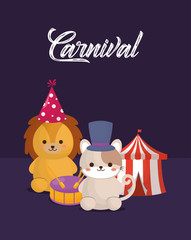 Carnival circus design with cute lion and cat over purple background, colorful design. vector illustration