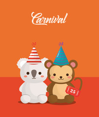 Carnival circus design with cute koala and monkey over orange background, colorful design. vector illustration