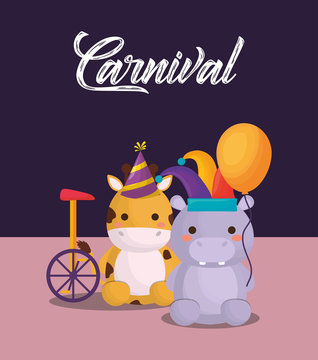 carnival circus with cute giraffe and hippopotamus with monocycle over purple background, colorful design. vector illustration