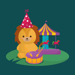 carnival circus design wtih cute lion with carousel over green background, colorful design. vector illustration