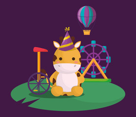 carnival circus with cute giraffe and circus related icons around over purple background, colorful design. vector illustration