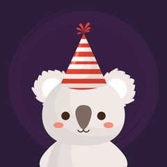cute koala with party hat icon over purple background, colorful design. vector illustration