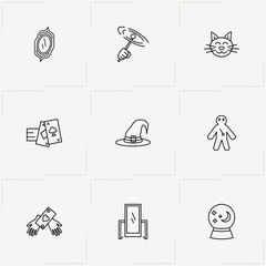 Magic line icon set with magic ball , magic stick  and witch hat