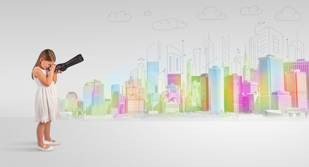 Cute little girl looking through spyglass to a big city
