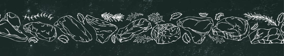 Black Board Background and Chalk. Ribbon of of Popular Steak Types.Steak House Restaurant Menu. Hand Drawn Illustration. Savoyar Doodle Style. Porterhouse, T-bone, New York Strip, Rib Eye.