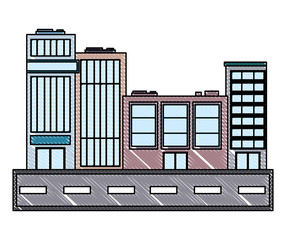 street with city buildings over white background, vector illustration