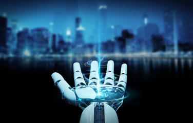 White cyborg opening his hand 3D rendering