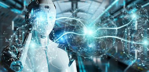 White woman humanoid using digital global network 3D rendering