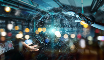 White cyborg hand using planet Earth interface 3D rendering