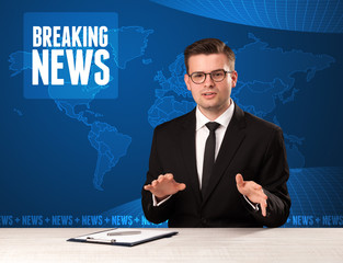 Television presenter in front telling breaking news with blue modern background concept