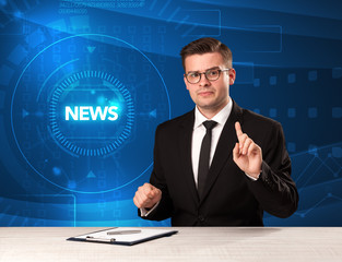 Modern televison presenter telling the news with tehnology background concept