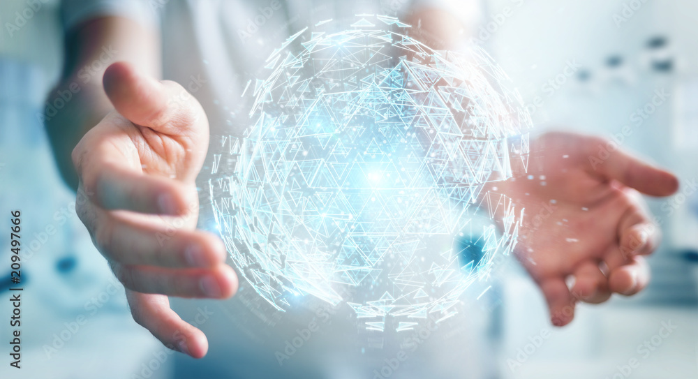 Fototapete businessman using digital triangle exploding sphere hologram 3d rendering
