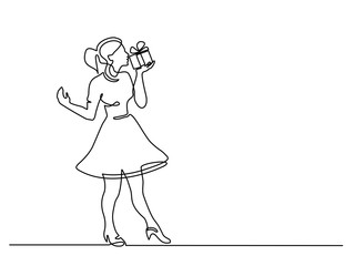 Continuous line drawing. Beautiful woman with box gift. Vector illustration. Concept for logo, card, banner, poster, flyer