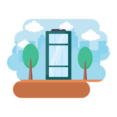 city building over landscape and white background, vector illustration