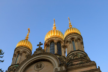 The golden domes of the Russian Orthodox Church of St. Elizabeth in Wiesbaden on the Neroberg