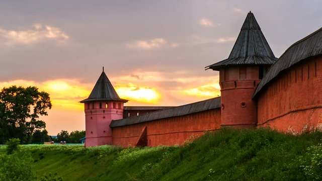 Suzdal, Russia. Panoramic view of Spaso-Evfimiev monastery in Suzdal, Russia during a cloudy sunset. Golden tour trip in Russia. Time-lapse at sunset, zoom in