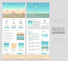 Travel website templates. Vector beach landscape with people, ships, lifebuoy, umbrellas and sandals.