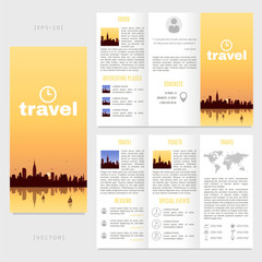 Tri-fold travel brochure template. Vector landscape with a view of New York.