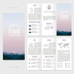 Tri-fold travel brochure template. Vector landscape with mountains and trees.