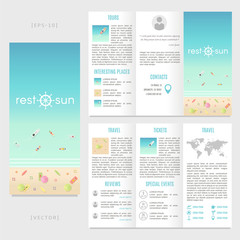Tri-fold travel brochure template. Vector beach landscape with people, ships, lifebuoy, umbrellas and sandals.