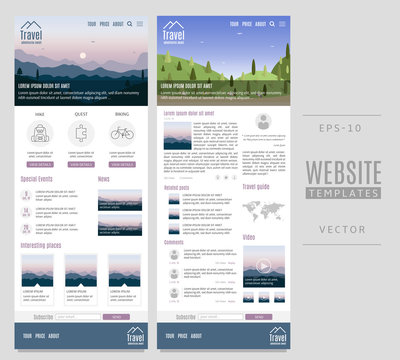 Travel website templates. Vector landscape with mountains and trees.