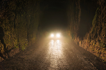 Car headlights at night in the foggy road - obrazy, fototapety, plakaty
