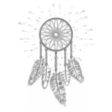 Dream catcher with feathers, in line art style, ritual thing. American boho spirit. Hand drawn sketch vector illustration for tattoos or t-shirt print.