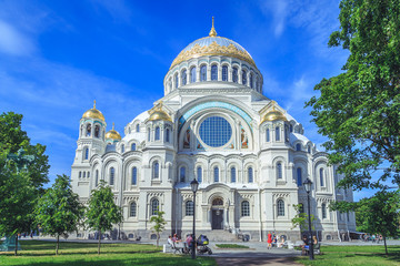 Fototapeta na wymiar Naval St. Nicholas Cathedral in Kronstadt suburb of St. Petersburg