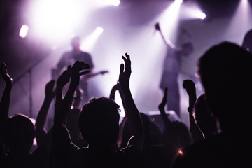 Silhouettes of people in a bright in the pop rock concert in front of the stage. Hands with gesture...